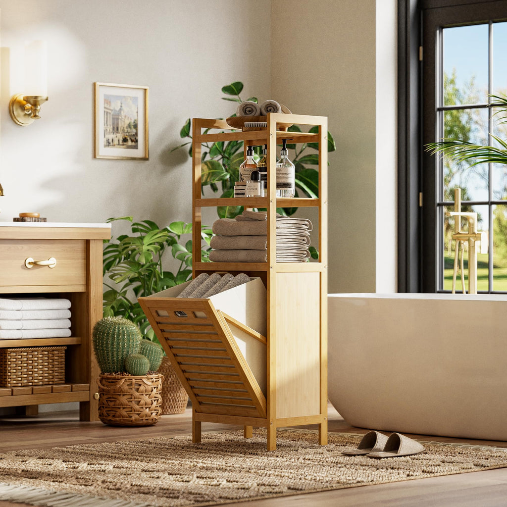 Tilt Out Laundry Hamper, Bamboo Laundry Basket with Foldable Bag and 3 Open Shelves, Freestanding Clothes Storage