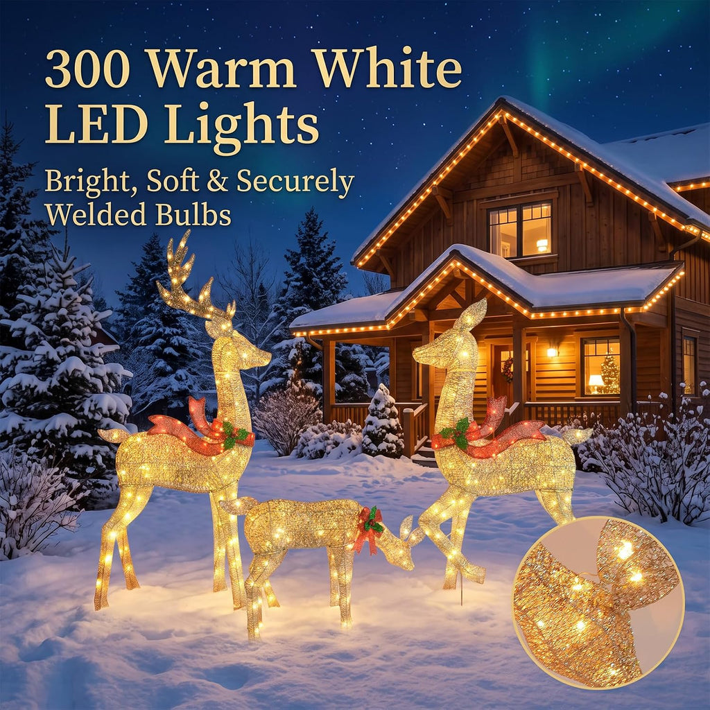 5.2FT Animatronic Christmas Reindeer Family Set - 3Pcs Large Lighted Christmas Deer with 300 LEDs & 3 Motors, Moving