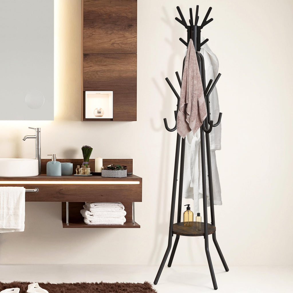 Standing Coat/Hat Rack with Shelf, 20 Hooks, Rustic Brown