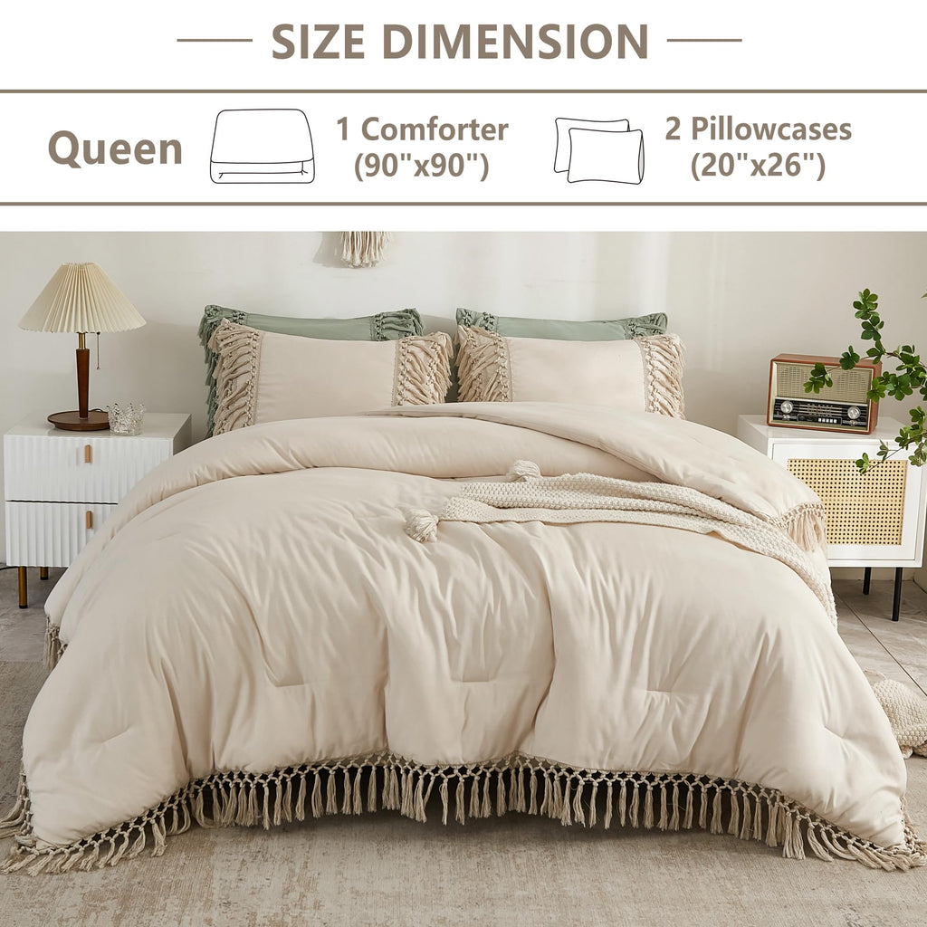 Beige Comforter Set Queen, 3 Pieces Boho Tassel Bedding