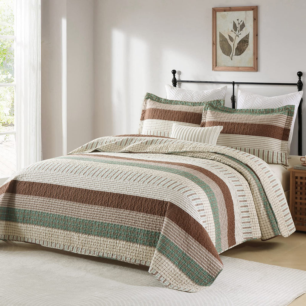 100% Cotton Quilt 3 Piece Farmhouse Striped Bedspread