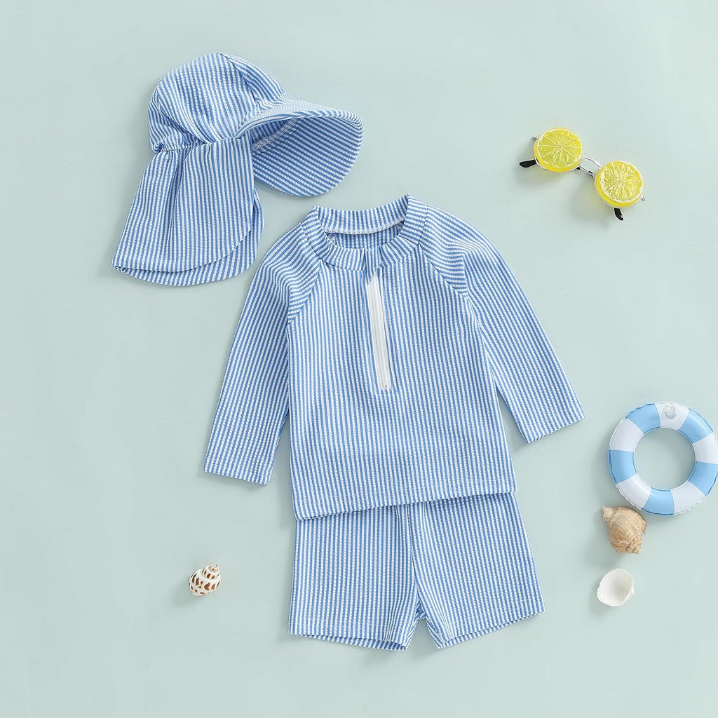 Toddler Baby Boys Seersucker Long Sleeve Swimsuit Trunks Bathing Suit Swimwear with Hat 3Pcs Rash Guard Set