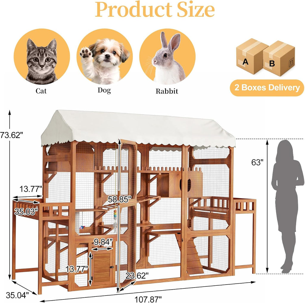 Large Wooden Catio Outdoor Cat Enclosure with Stands and Roof Multi-Platform Cat House with Scratching Posts