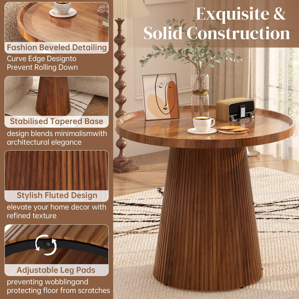 Round Side Table, 23.6'' Fluted Pedestal End Table, Walnut