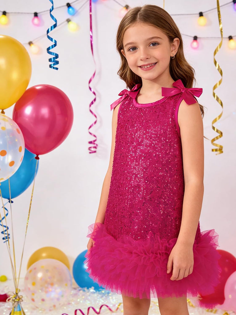 Dresses Summer Kids Ribbon Bow Sleeveless Birthday Party Tulle Ruffle Hem A-Line Sequin Dress