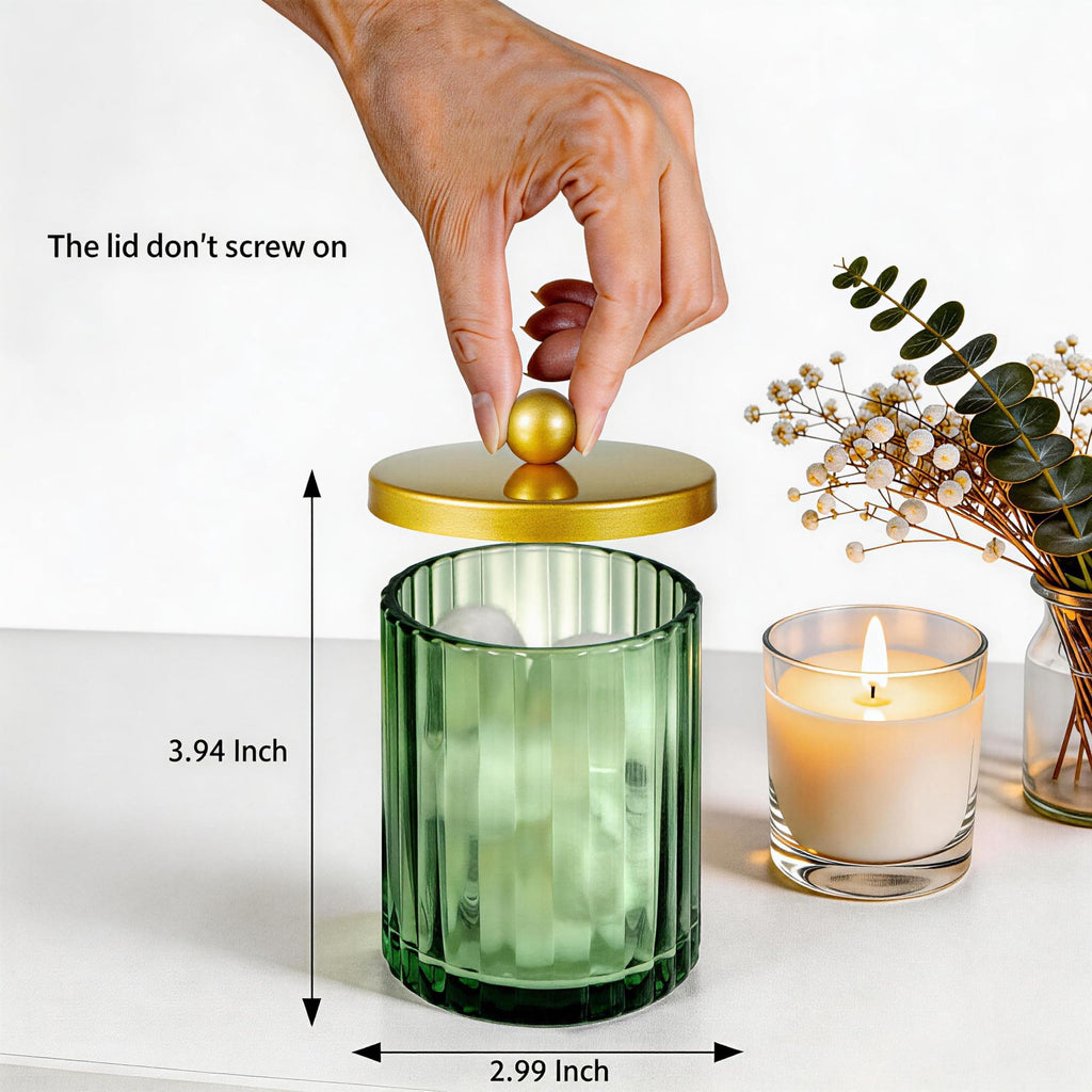 Green Glass Qtip Holder Dispenser, Bathroom Canister, Gold 4 Pack