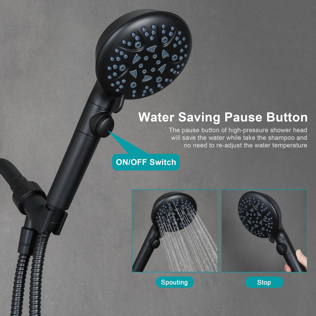 Handheld Shower Head with On Off Switch, 8-mode High Pressure Shower Wand with Long Hose and Bracket Extra Adhesive