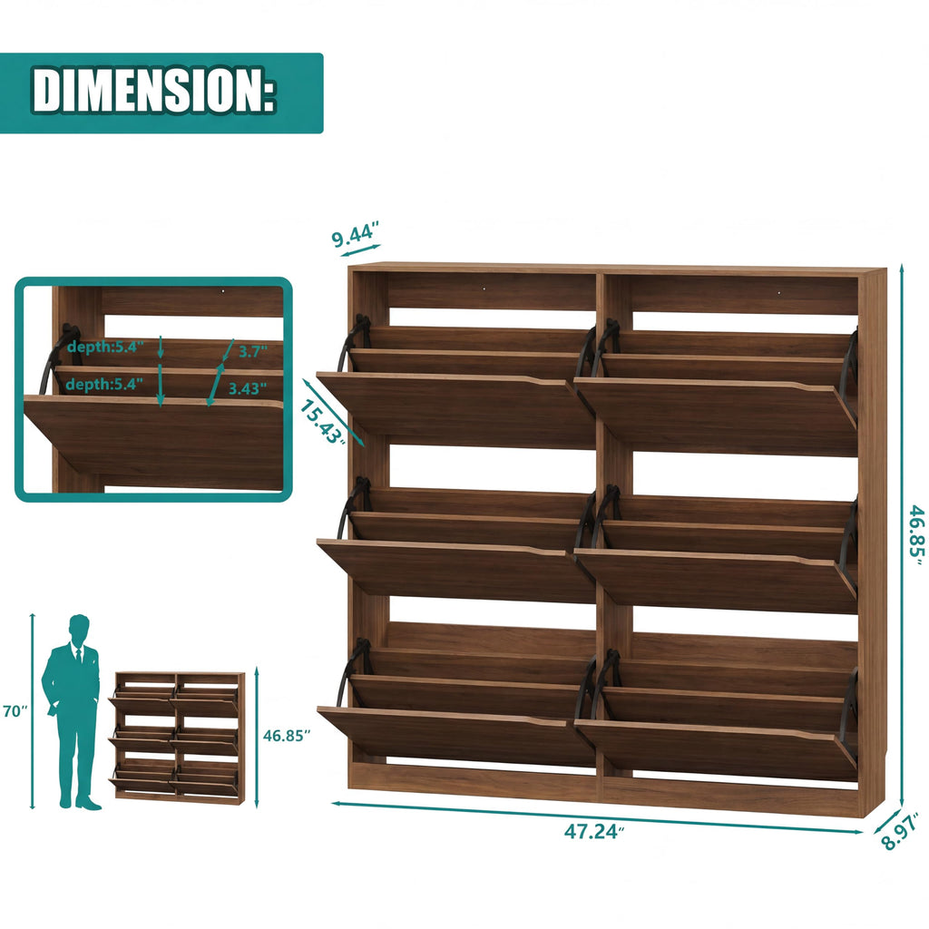 Shoe Storage Cabinet with 6 Flip Drawers, Sturdy Wood Hidden Shoe Storage, Freestanding Narrow Slim Shoe Organizer