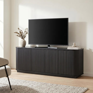 Fluted TV Stand for TVs Up to 75 Inch, Black Mid Century Modern TV Console, Entertainment Center with Storage, Wood