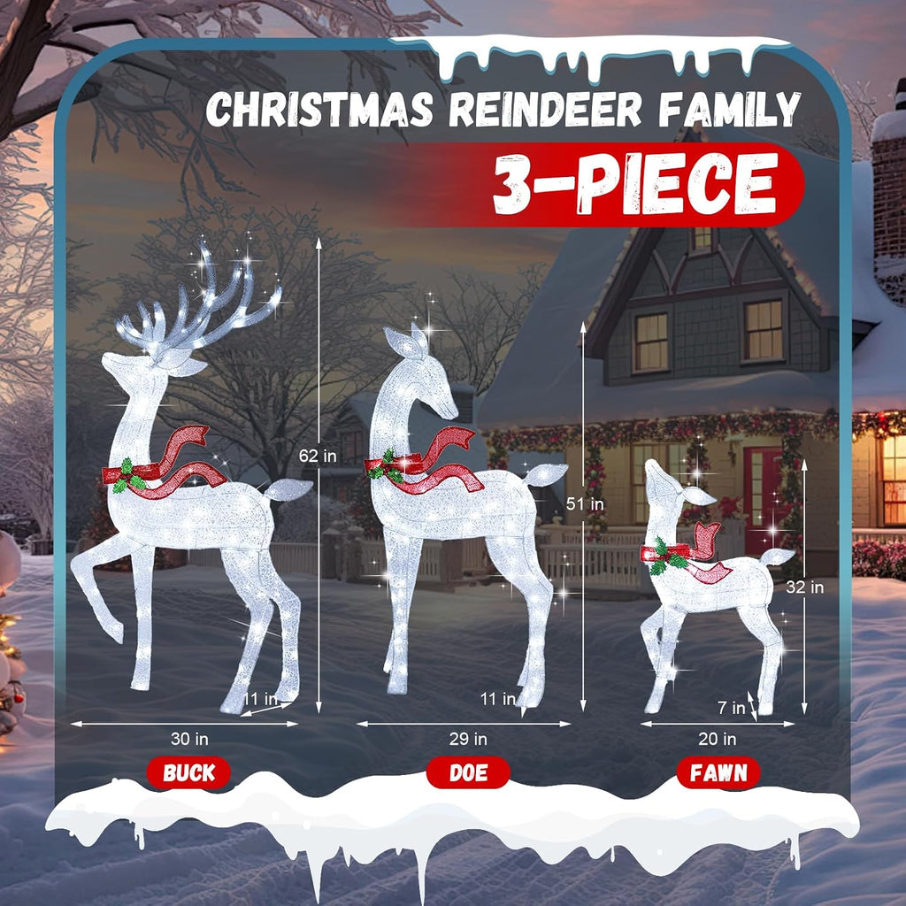 62" Reindeer Christmas Decor Outdoor, 3-Piece Lighted Reindeer Family-White