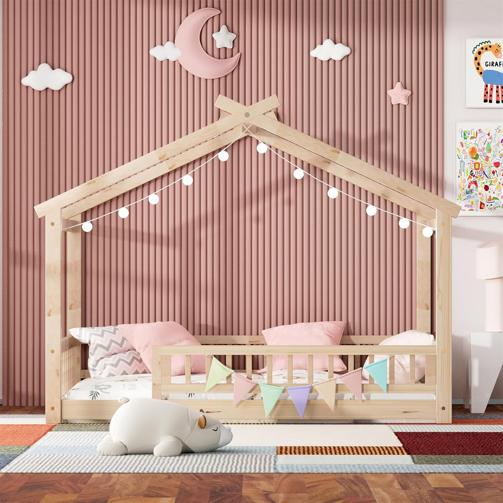 Tw Bed with Fence, Wooden Montessori Bed with Slats Support, Floor Bed Frame for Boys Girls Bedroom, Natural