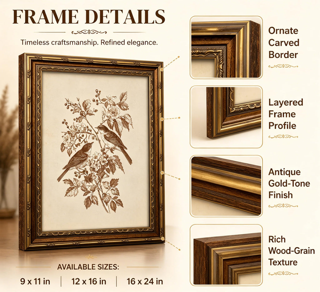 Vintage Gold Framed Canvas Wall Art Sketch Bird Painting Picture Wall Decor Botanical Flowers Sparrow Poster Print
