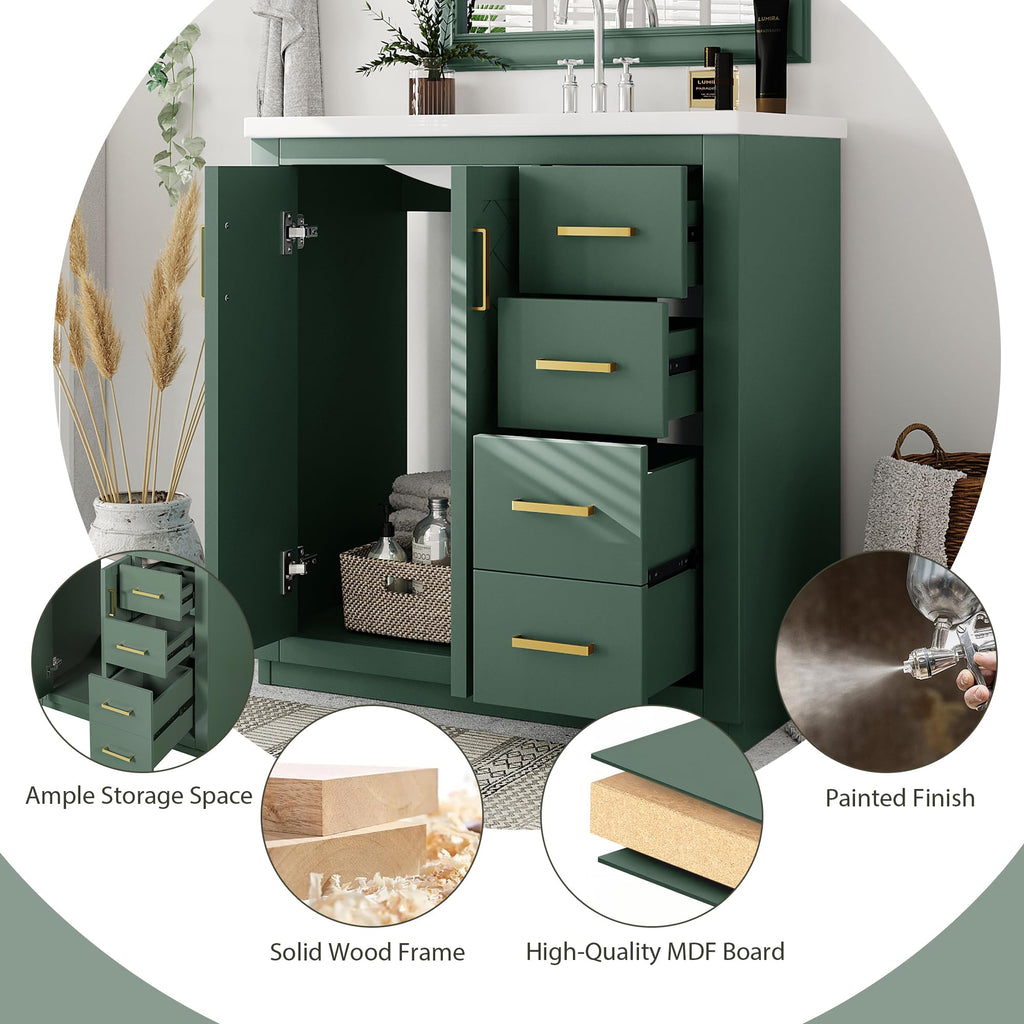 30 Inch Green Bathroom Vanity with Sink & Gold Handles, Light Luxury