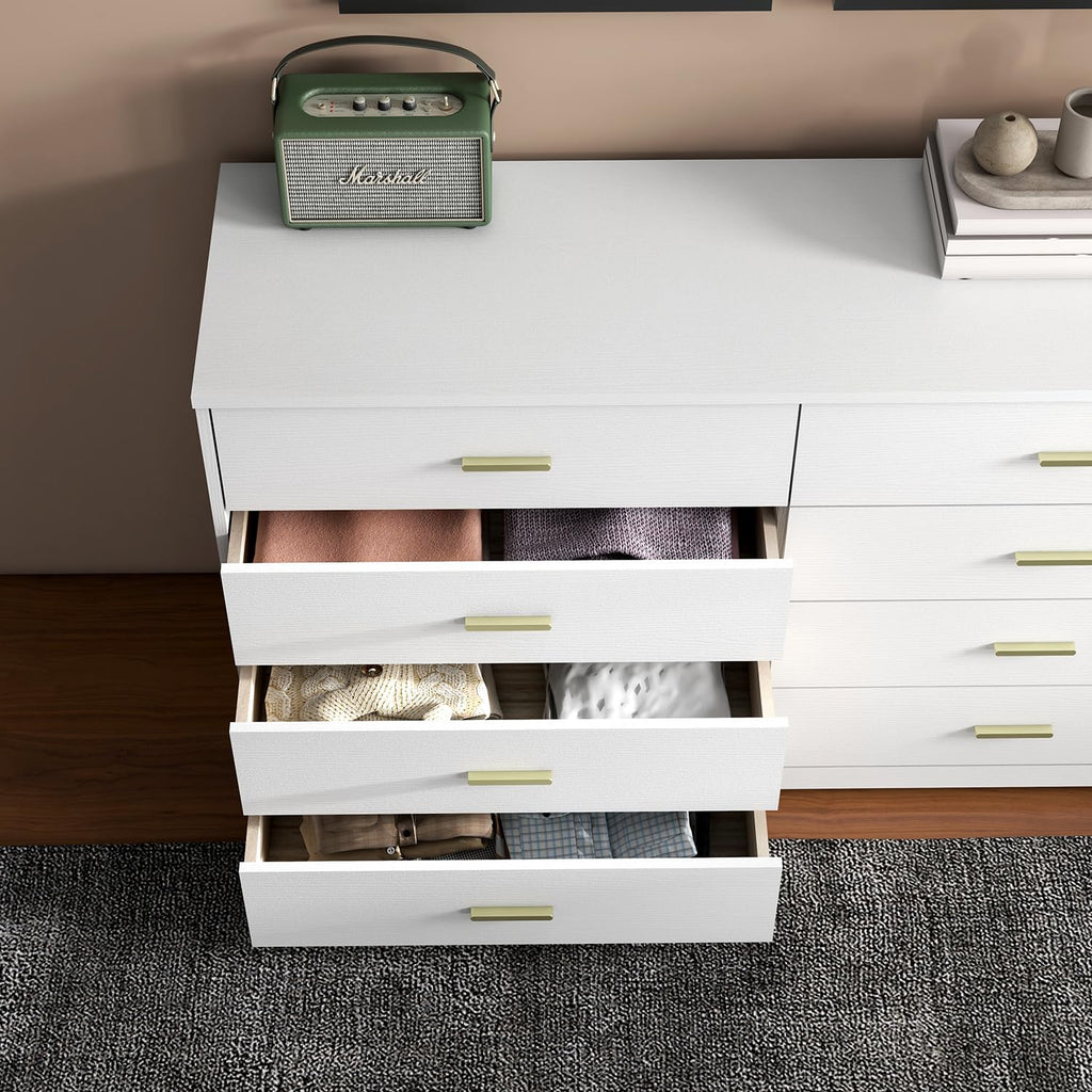 8 Drawer Wood Lateral Dresser, Big Wide Chest of Drawers Storage Organizer with Metal Gold Handles Home Bedroom
