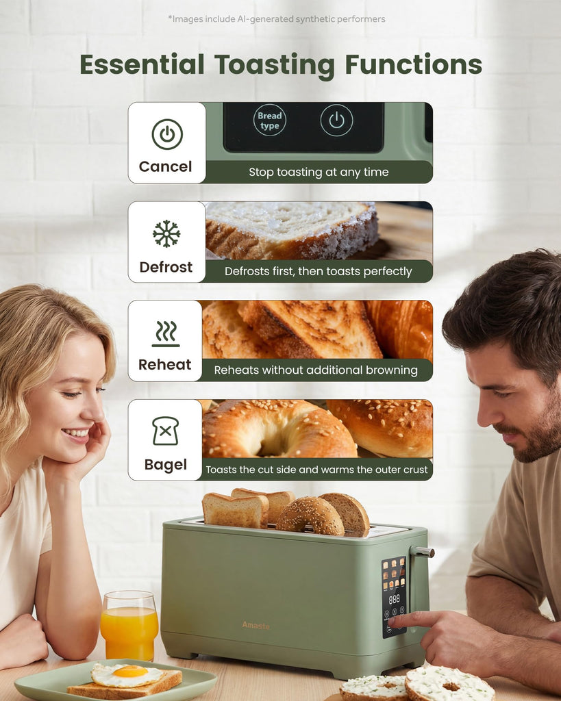 4 Slice Toaster, Long Slot Touch Screen Retro Toaster with Digital Countdown, Extra-Wide Slots for Bagels & Bread, 6