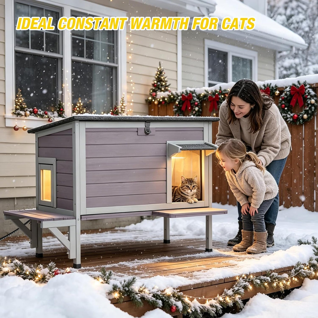 Heated Outdoor Cat House with Heating Pad, Insulated Liner