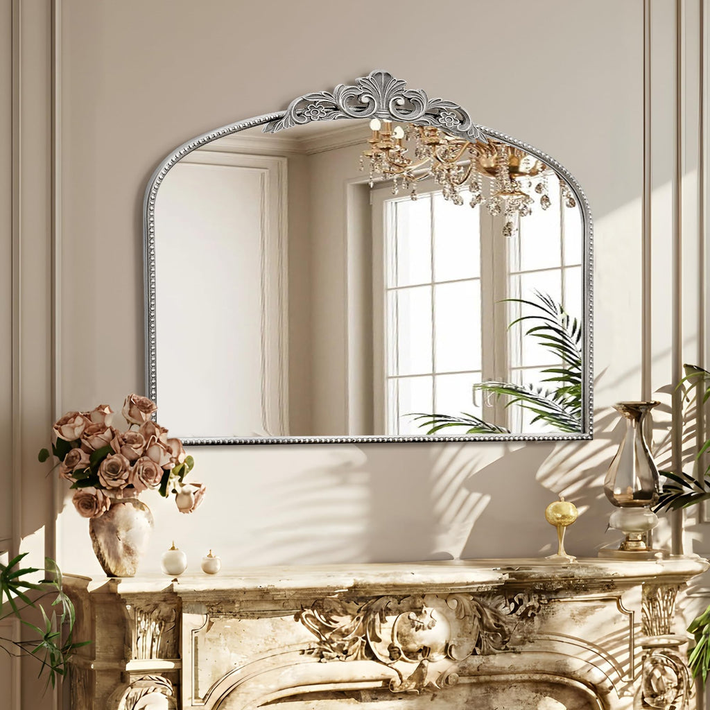 Vintage Silver Wall Mirror: 40"x29" Baroque Antique Arched Mirror