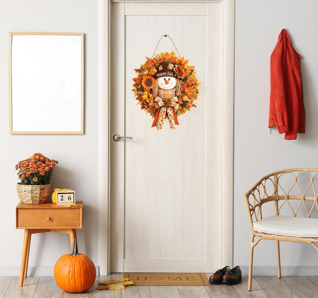 Fall Decorations Wooden Fall Decor Scarecrow Door Wreath for Front Door Farmhouse Scarecrow Maple Leaf Welcome Sign