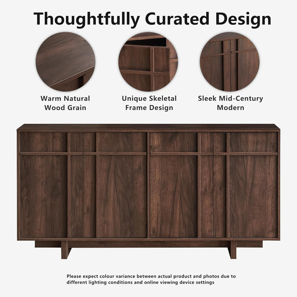 63" Sideboard Buffet Cabinet, Skeleton Lines Design, Walnut | Mid Century Modern Accent Cabinet with Wood Gain