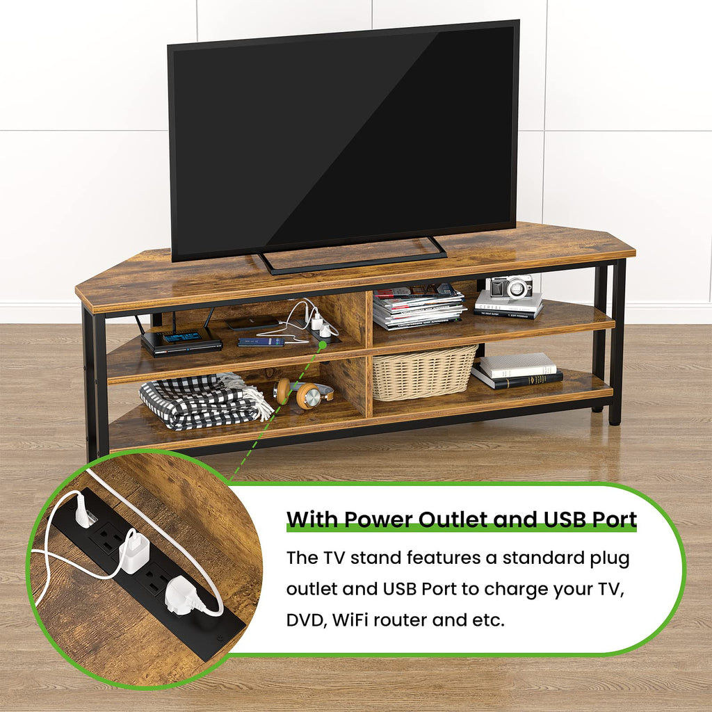 55'' Corner TV Stand with Power Outlet, Corner Entertainment Center TV Console Table with 4 Open Storage Shelves