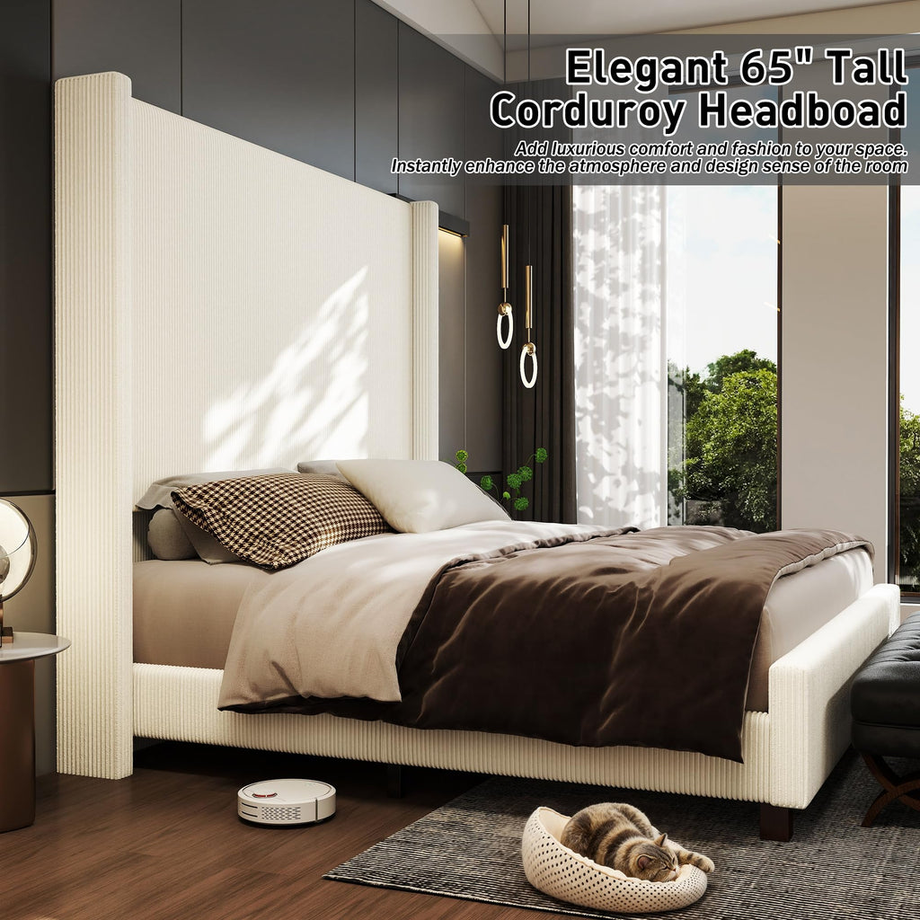 King Size 65" Upholstered Bed Frame with USB Charging Station, Soft Washable Corduroy Cover with Wingback Headboard