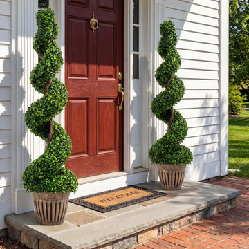 4FT Artificial Boxwood Spiral Tree, Faux Boxwood Plant with Vintage Cement-Filled Flower Pot, DecorativeTopiary Trees