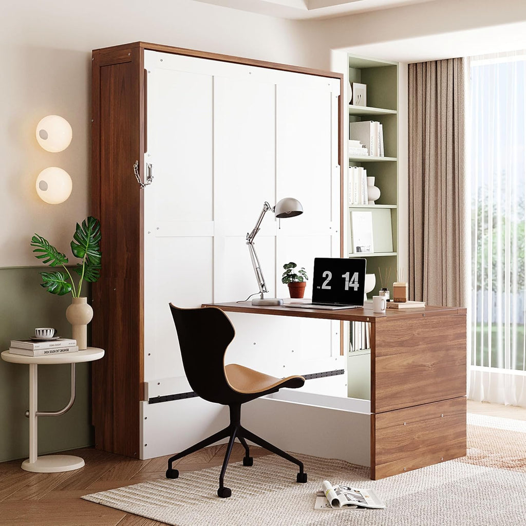 Full Murphy Bed with Desk, Wood Folding Hideaway Space Saving Murphy Wall Bed for Adults (White)