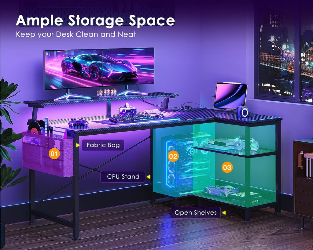 48 Inch L Shaped Gaming Desk with LED Lights, Power Outlets, Black | Adjustable Monitor Stand, Open Storage Shelves
