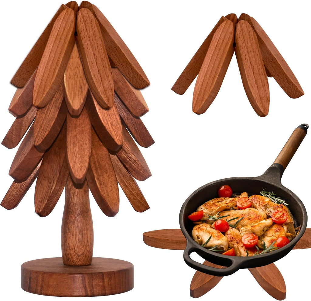 Wooden Trivets for Hot Dishes, Wooden Tree Trivet for Easy Storage - Suited for Hots, Pans, Bowl, Teapot - Set of 5