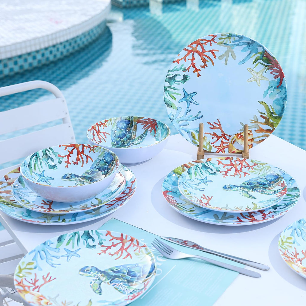 12-Piece Turtle Melamine Dinnerware Set, Ocean Plate and Bowl Sets