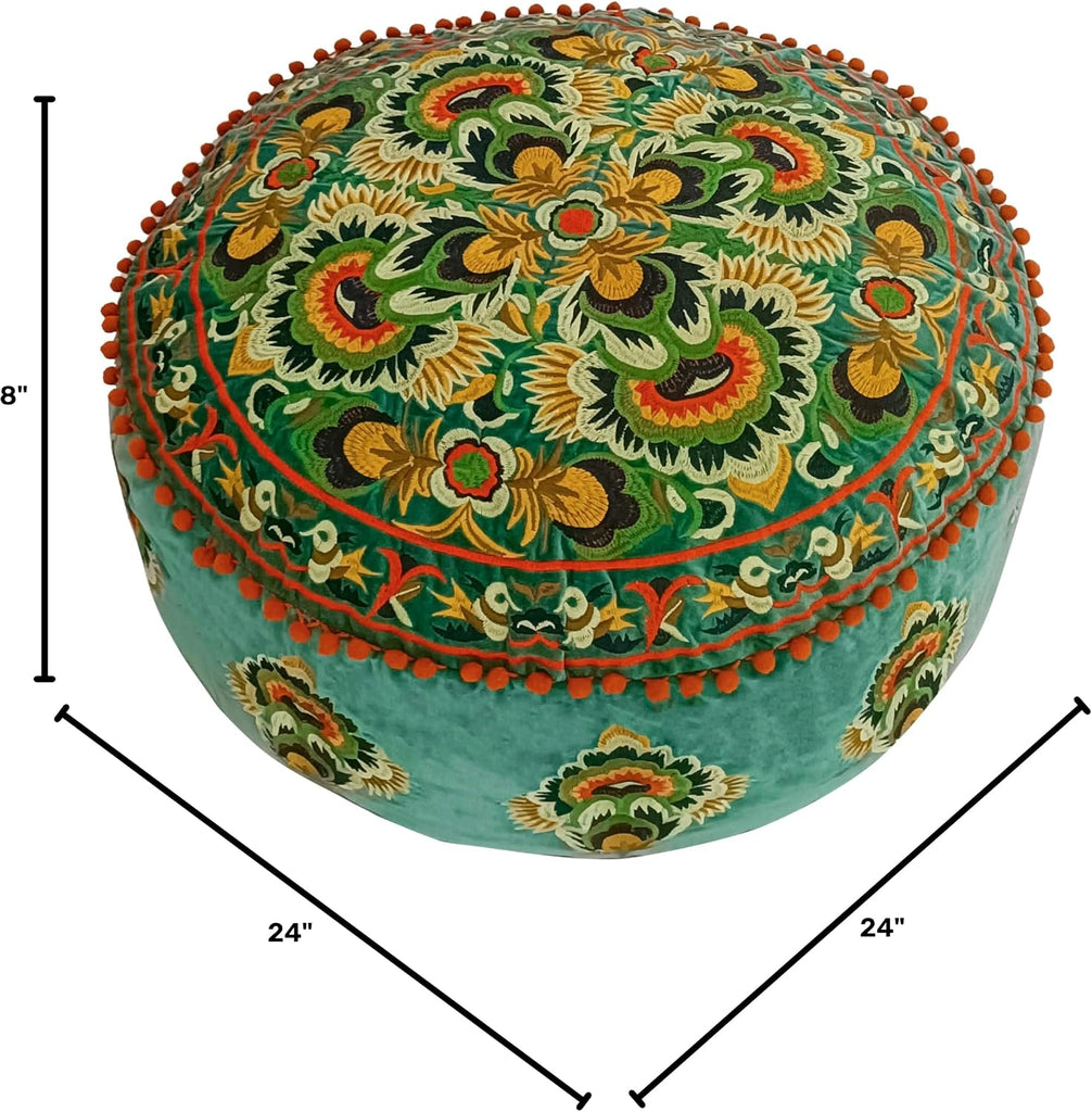 Green Round Velvet Pouf Cover - Soft Embroidered Ottoman Slipcover with Moroccan Design, 24 Inch Diameter, Ideal , or