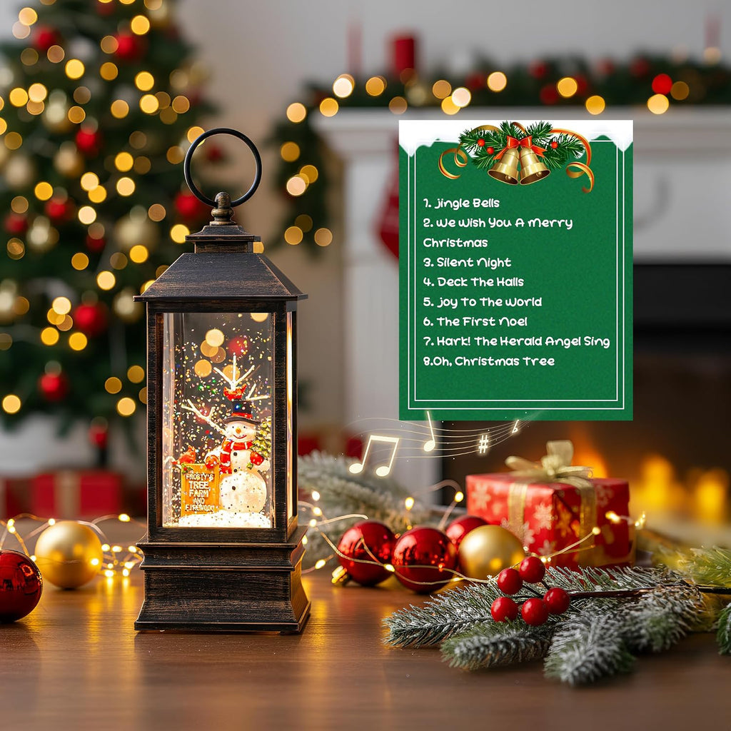 Christmas Snow Globe Water Glittering Farm Snowman with Music & Timer, USB Lined/Battery Operated Lighted Lantern