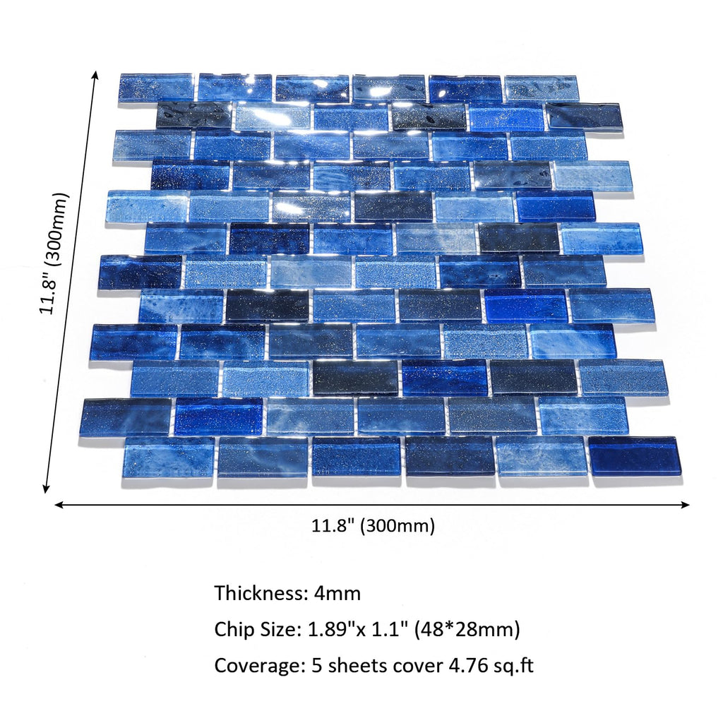 Glass Backsplash Linear Mosaic Wall Tiles, 5-Sheet Glass Tiles Bathroom Swimming Pool Shower Tiles (Dark Blue, 4.8