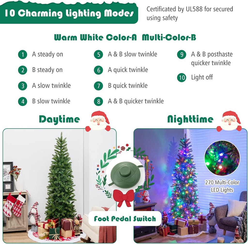 Pre-Lit Pencil Christmas Tree, Hinged Artificial Slim Tree with 648 PVC PE Branch Tips, 270 LED Lights, Life-Like