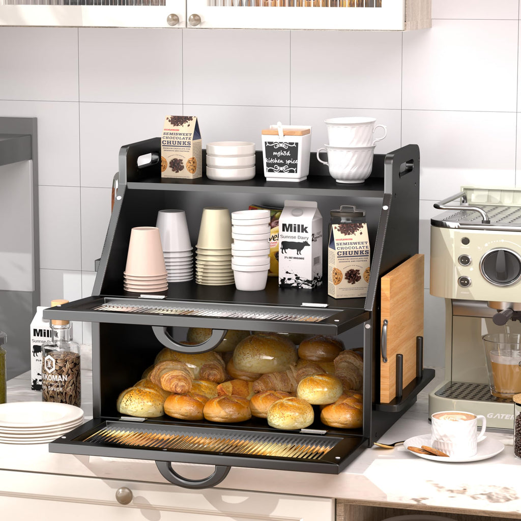 Countertop, Large Bread Storage Container made Bread, Wooden Farmhouse Breadbox Organizers, Double Layer Bread Bin