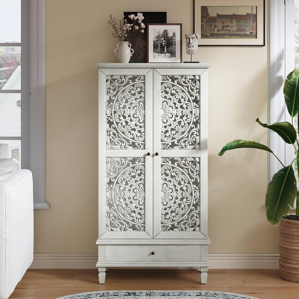 55'' Tall Storage Cabinet with Drawer, Decorative 2-Door Carved Wood Accent Cabinet with Solid Wood Legs