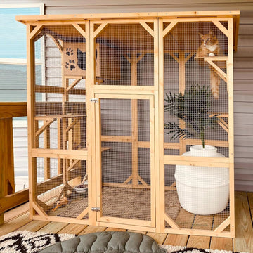 Cat Enclosure Large Outdoor Catio Wooden Cat House with Weatherproof, Cat Cage Condo Indoor Playpen with Platform