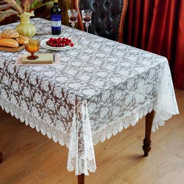 Rectangle Tablecloth White Embroidered Lace Raised Rose Pattern Fabric Farmhouse Rustic Table Cloth 