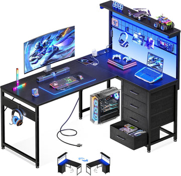 43" L Shaped Gaming Desk with Shelf & 4 Drawers, Black | Compact corner computer table. Reversible study desk with