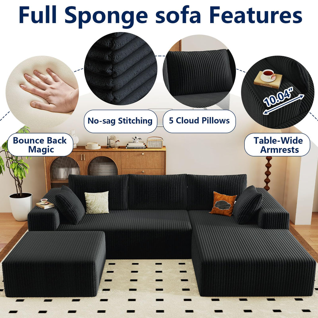 96" Boneless Couch with Ottoman, Modern U Shaped Cloud Sectional Couch