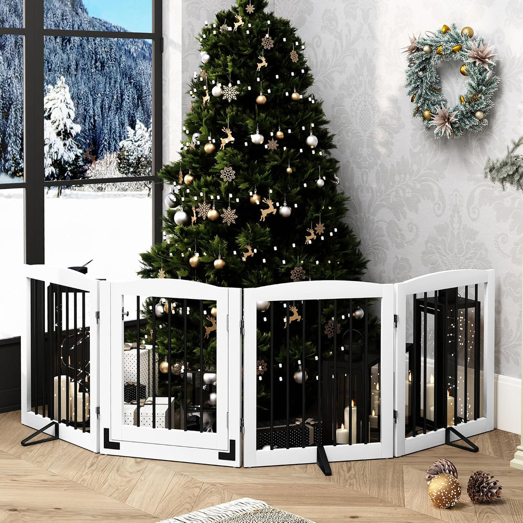 Freestanding Dog Gate with Door, Pet Gate for Stairs, 80 inch Wide Pet Barrier Indoor, Dog Fences Indoor, Support