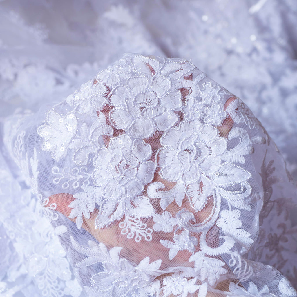 White Lace Fabric 5 Yards, Floral Sequin Embroidered Tulle Material Lace Fabric by The Yard for Wedding Party Dress