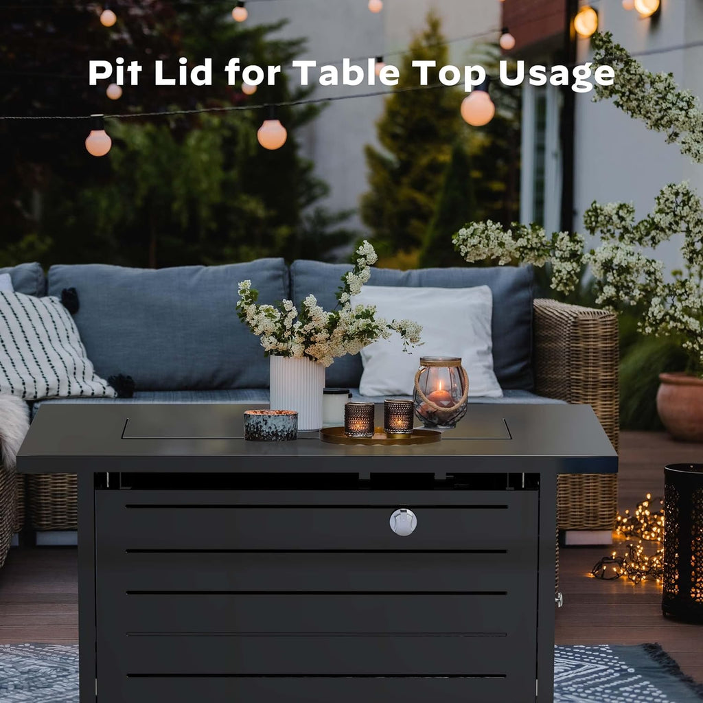 42-Inch Gas Fire Pit Table, 60,000 BTU Propane Fire Pit with Steel Lid & Lava Rock