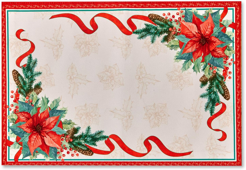 Poinsettia Ribbon Engineered Printed Fabric Christmas Tabletop for Xmas Winter Holiday, Christmas Time - 13 x 19