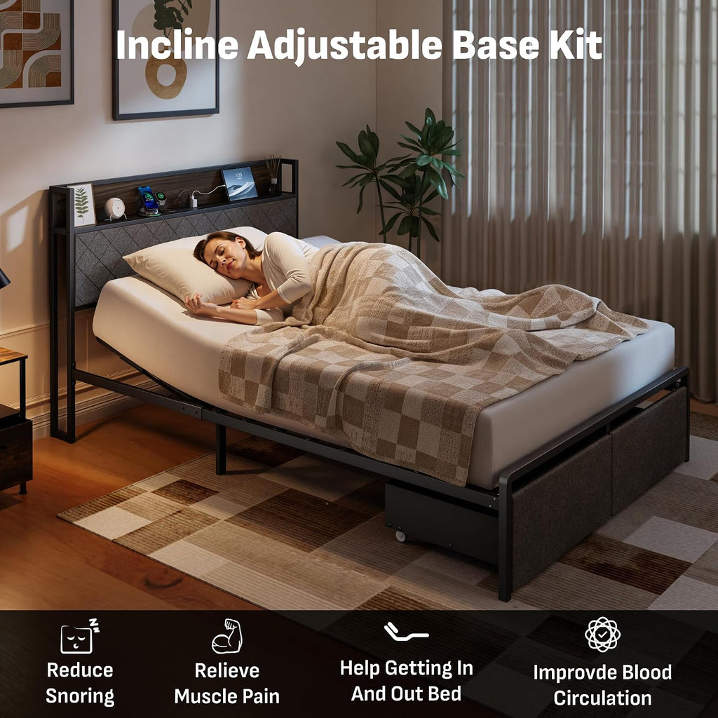 Queen Adjustable Bed Frame with Storage Headboard and Charging Station, Power Head Lift with 2 Footboard Drawers