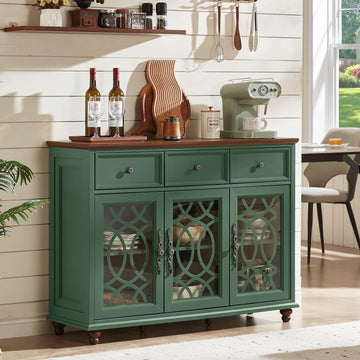 Large Sideboard Buffet Cabinet with Storage, 48" Credenza with 3 Glass Doors & 3 Drawers, Adjustable Shelves Coffee