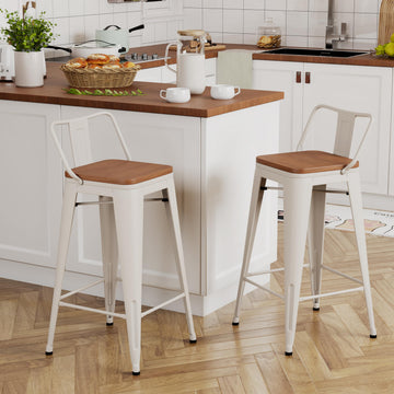 30 inch Bar Stools Set of 2 Kitchen Bar Height Chairs with Wood Seat Industrial Low Back Metal Barstools Cream White
