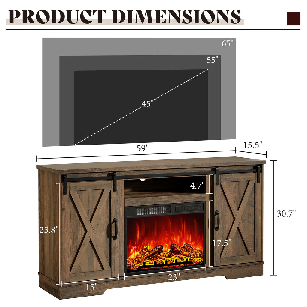 59" Fireplace TV Stand for TVs up to 65" with Sliding Barn Doors