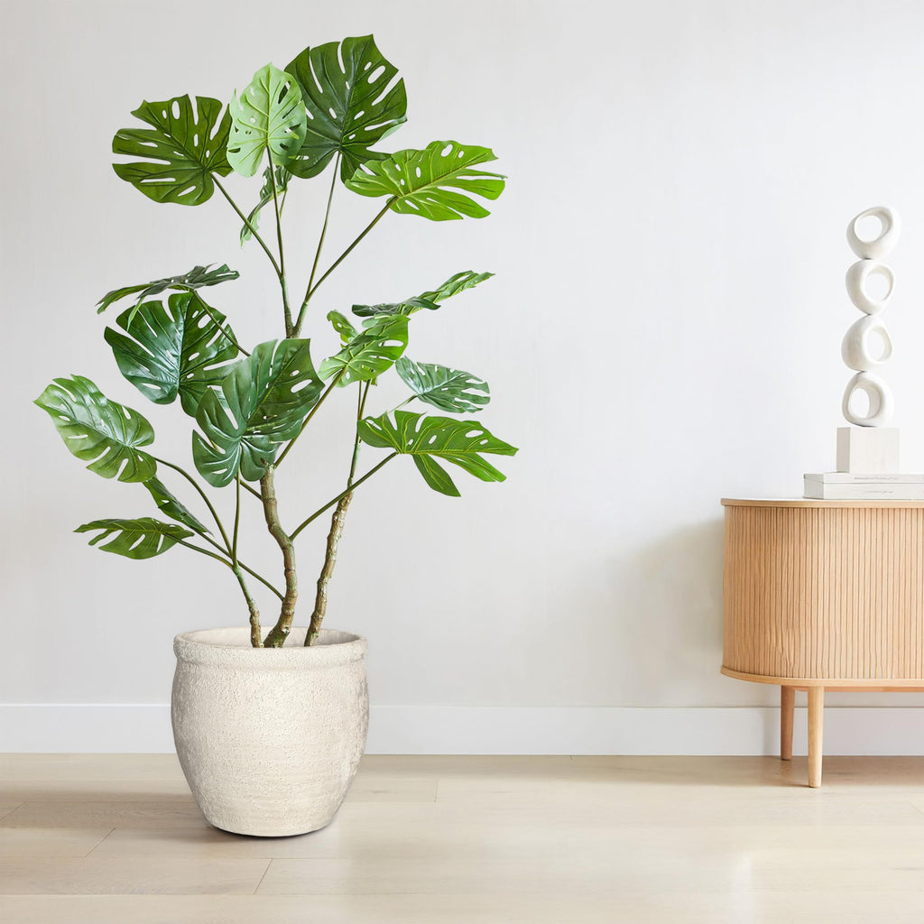 12" Dia Fiberstone Planter - Modern Farmhouse Indoor/Outdoor Flower Pot, Beige Container with Grainy Matte Texture &