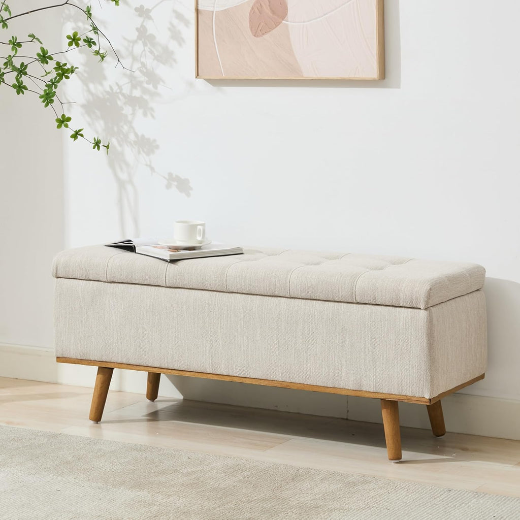 Storage Ottoman Bench, 45" End of Bed Bench, Beige | Hidden Storage Space, Linen Upholstery, Padded Cushion Top
